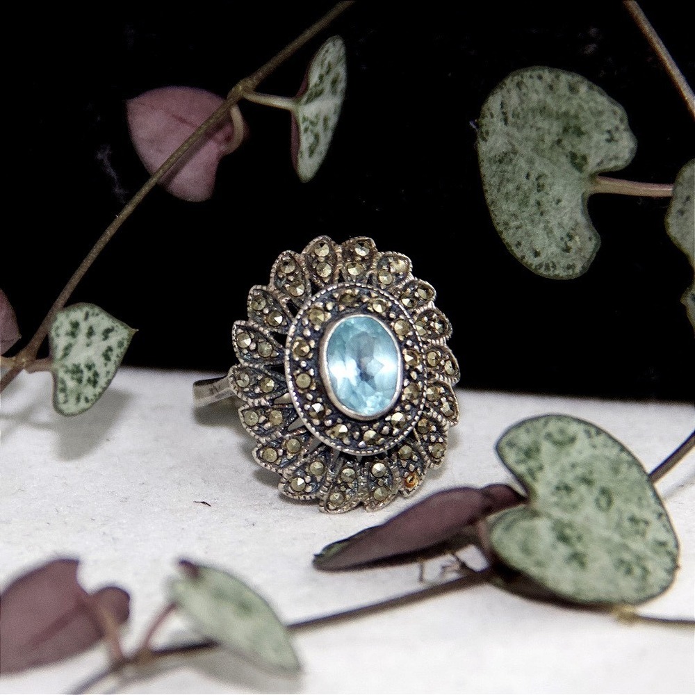 Vintage Sterling Silver Blue Topaz Marcasite Art Deco Style Sunburst Ring Size 9
